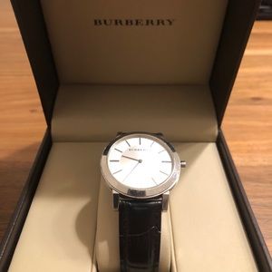 Men’s Burberry Black Leather, Silver Face Watch